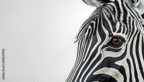 Explore the minimalist allure of a zebra s stripes in close-up  their intricate patterns standing out against the clean white background  capturing the essence of natural beauty.