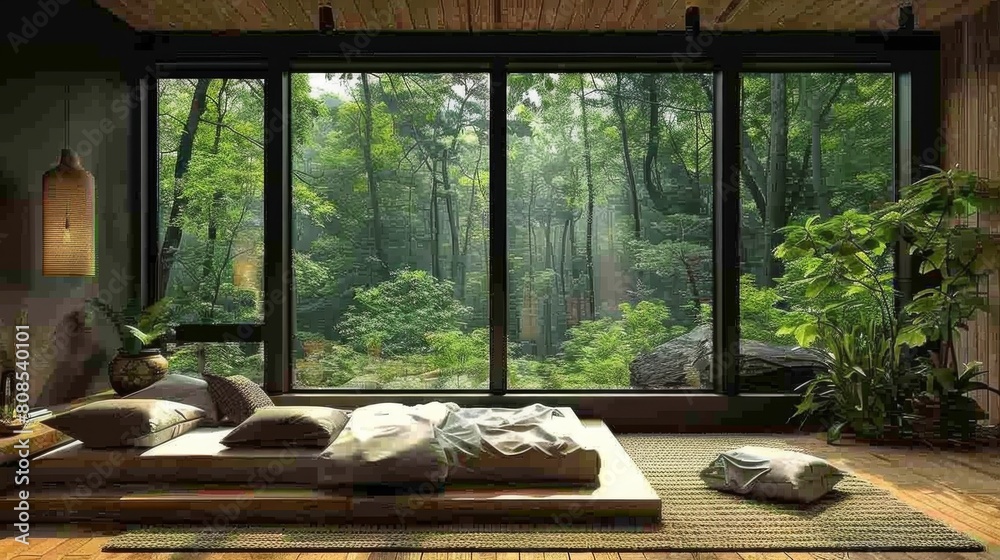 Realistic 3D image of a Scandinavian bedroom with functional elegance, the black window allowing for unobstructed views of a dense, mysterious forest.