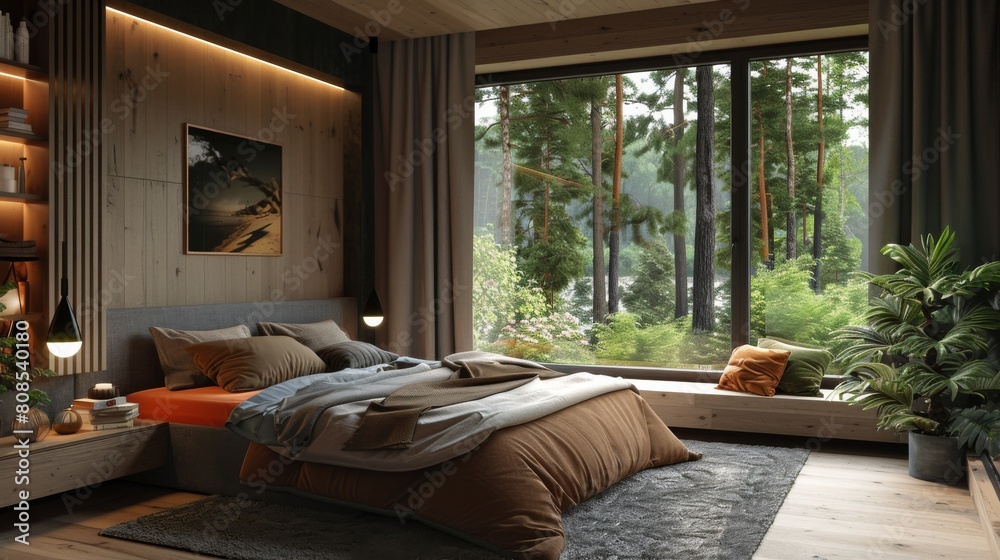 Realistic 3D image of a Scandinavian bedroom with an understated elegance, featuring a black window overlooking a verdant forest, ideal for relaxation.