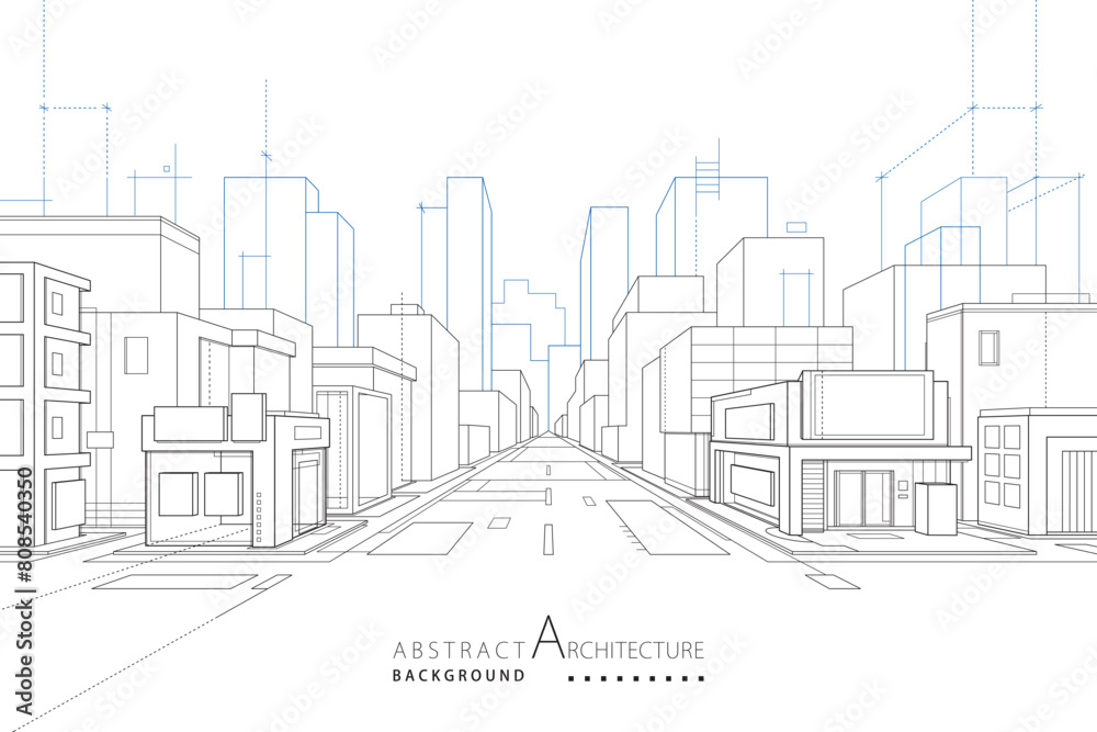 3D illustration abstract modern urban building out-line drawing of imagination architecture construction perspective design. 3D illustration abstract modern urban building out-line drawing of imagination architecture construction perspective design.