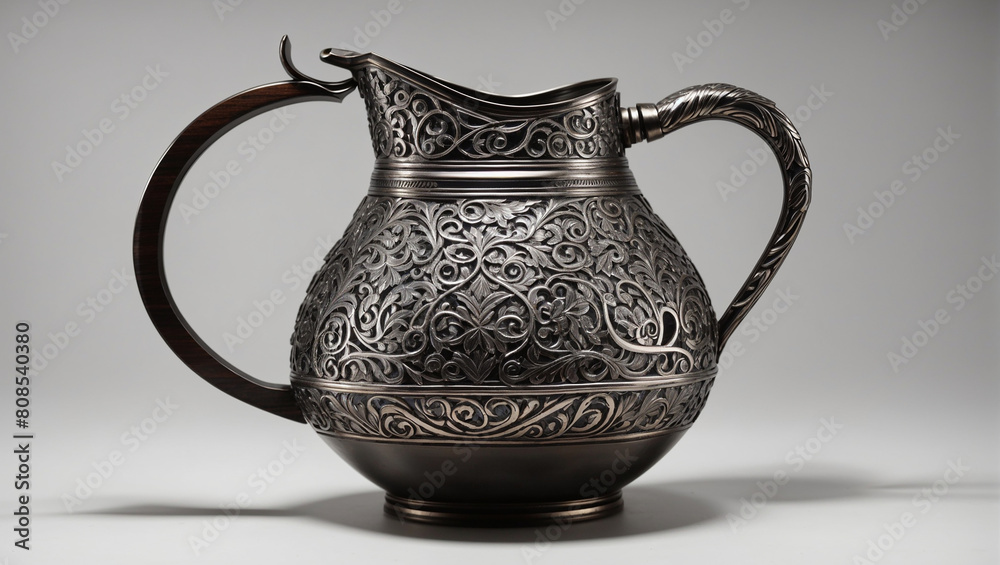  an intricately carved silver pitcher with a curved handle and spout