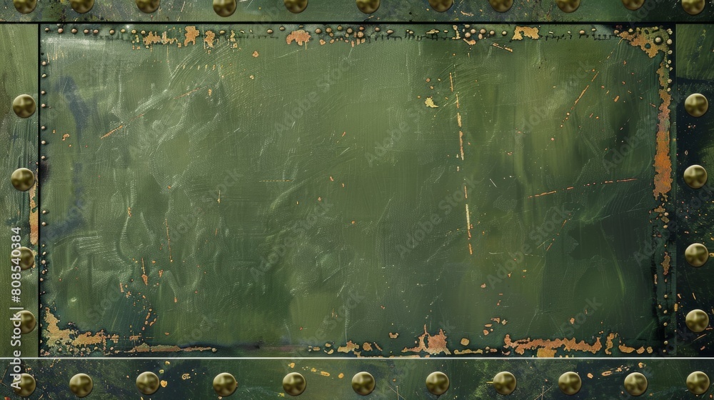 Φωτογραφία military background, green color, metal plate with rivets on top and bottom edge, vintage style, military themed, flat design