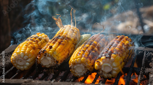 Fresh sweet corn roasted over hot coals, puffs of smoke enrich the aroma and taste, Ai generated Images photo