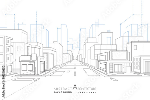 3D illustration abstract modern urban building out-line drawing of imagination architecture construction perspective design. 