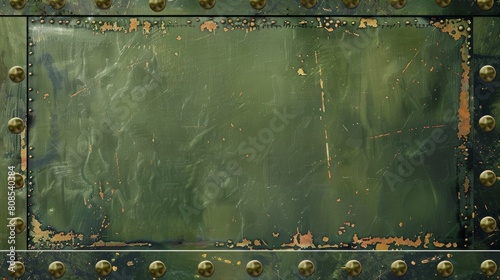 military background, green color, metal plate with rivets on top and bottom edge, vintage style, military themed, flat design.