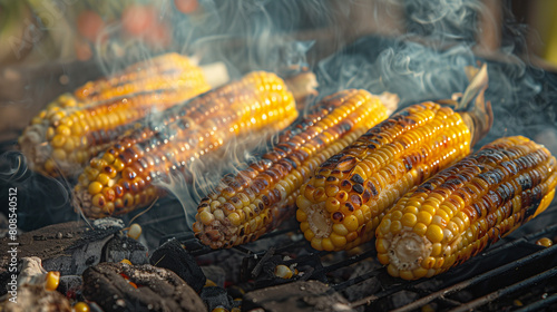 Fresh sweet corn roasted over hot coals, puffs of smoke enrich the aroma and taste, Ai generated Images