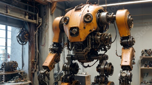 A complex assembly of metal gears powered by a vintage steam engine photo