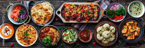 Savory Spread of Traditional Uzbek Cuisine: Colorful Array of Plov, Manti, Somsa, and Lavash