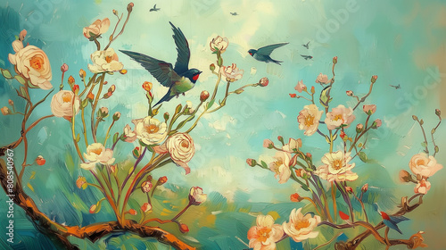 painting of a hummingbird flying over a flowered tree branch