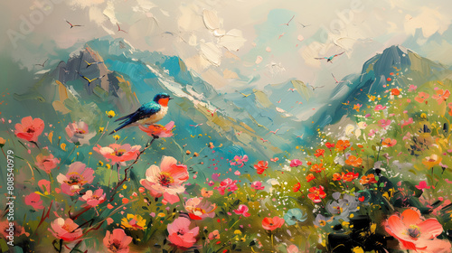 painting of a bird sitting on a flowery field with mountains in the background