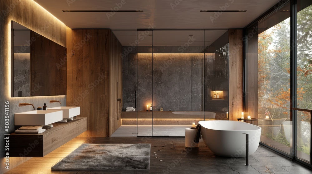 Realistic 3D image of a modern bathroom with Bauhaus styling, featuring clean, geometric lines in wood and metal, and diffuse lighting that softens the space. Realistic 3D image of a modern bathroom with Bauhaus styling, featuring clean, geometric lines in wood and metal, and diffuse lighting that softens the space.