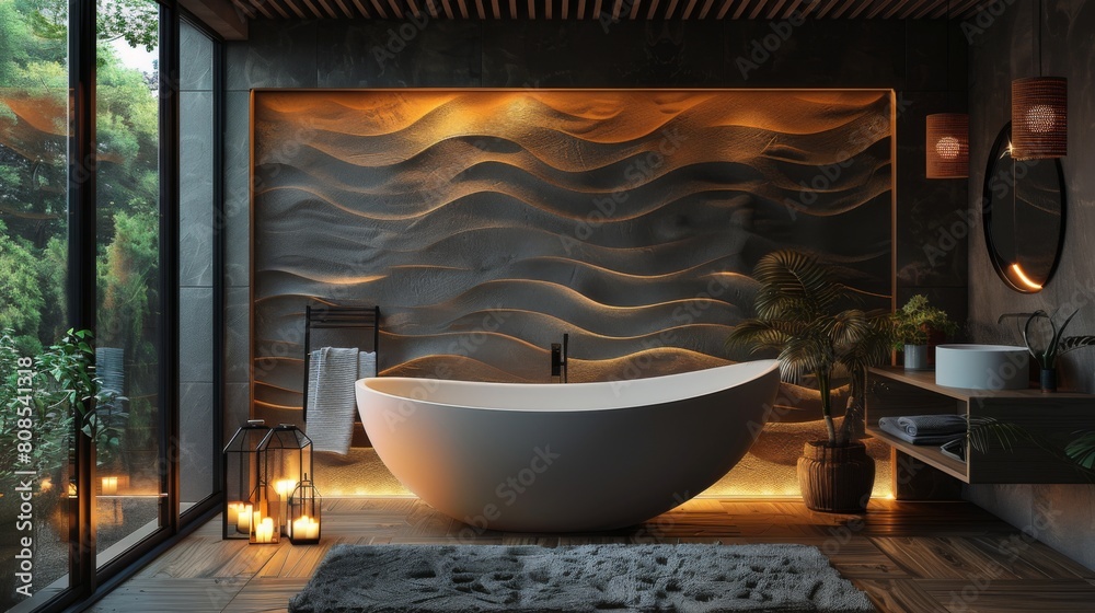 Realistic 3D image of a modern bathroom with a textured feature wall, freestanding sculptural tub, and floor lighting for a dramatic nighttime effect. Realistic 3D image of a modern bathroom with a textured feature wall, freestanding sculptural tub, and floor lighting for a dramatic nighttime effect.