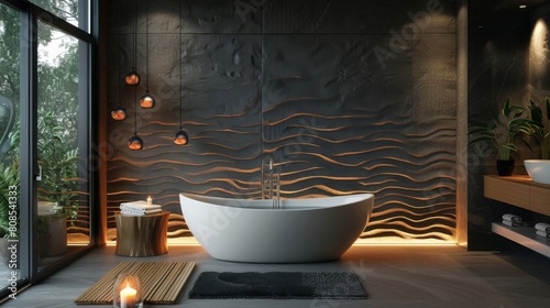 Realistic 3D image of a modern bathroom with a textured feature wall, freestanding sculptural tub, and floor lighting for a dramatic nighttime effect. photo