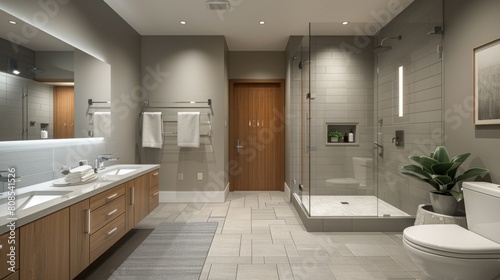 Realistic 3D image of a modern bathroom designed for accessibility, featuring wide doors, a barrier-free shower, and ample lighting for safety and style.