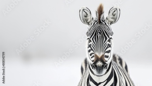 Highlight the minimalist allure of a solitary zebra, its monochromatic stripes contrasting sharply with the pristine white background, creating a striking visual impact. © 2D_Jungle