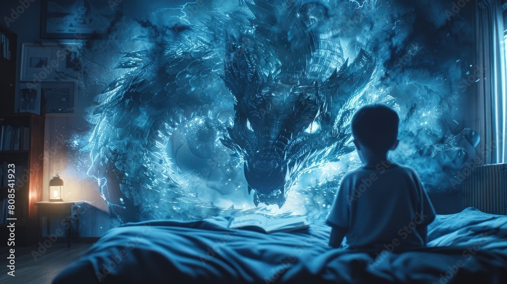 Fototapeta premium A boy sits on his bed, entranced by the magical world he's created with his new AI-powered bedtime story projector.