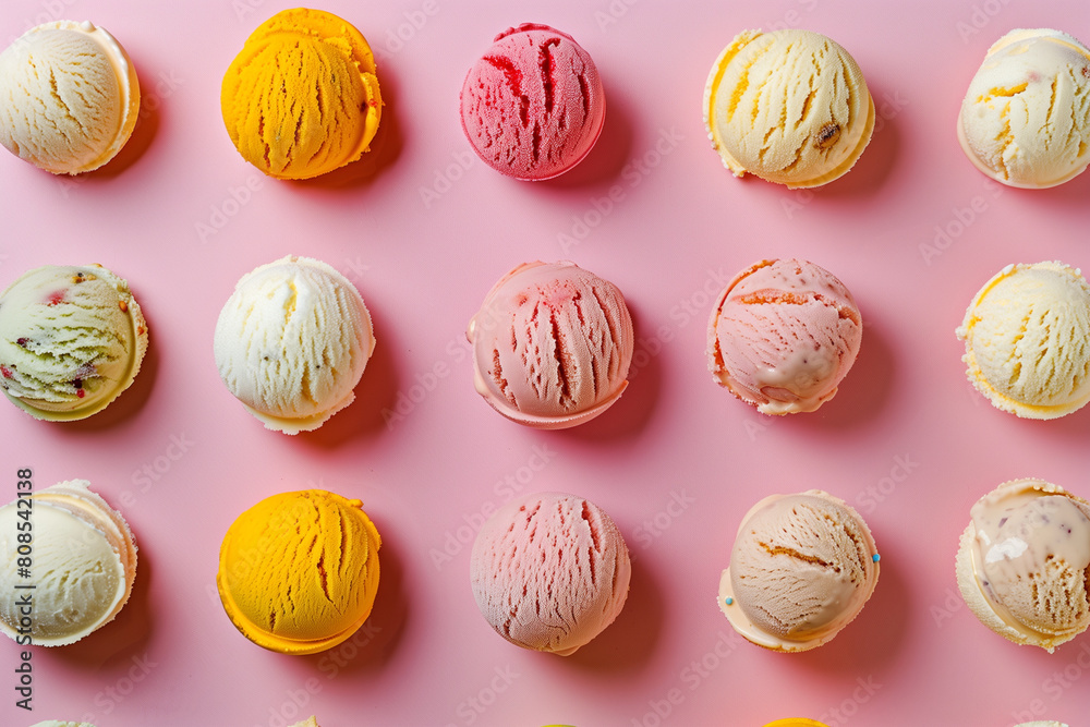 A row of ice cream cones with different flavors A row of ice cream cones with different flavors