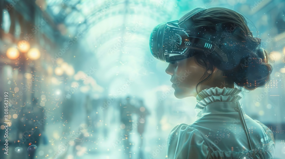 The woman wearing a virtual reality headset is experiencing a simulated world. The woman wearing a virtual reality headset is experiencing a simulated world.