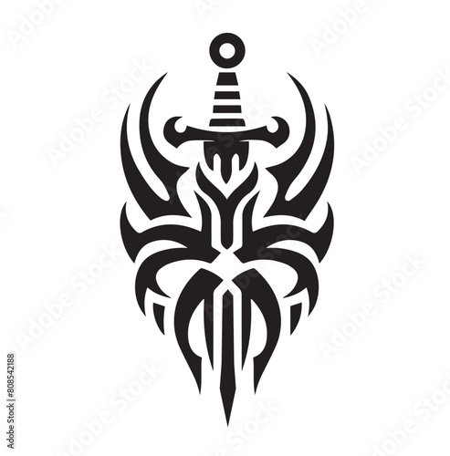 Tattoo And T Shirt Design Black And White Hand Drawing Beautiful Special Sword Saber With Wings Vector Artwork