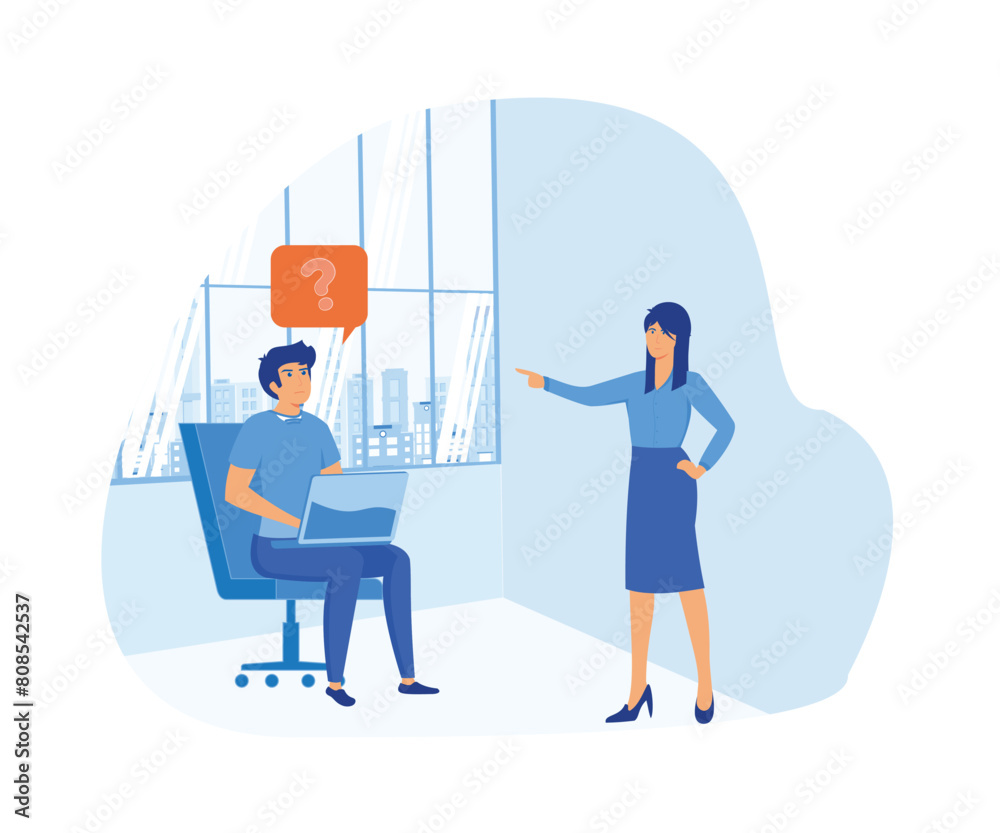 Job interview. Of a man talking to a young woman with laptop. flat vector modern illustration Job interview. Of a man talking to a young woman with laptop. flat vector modern illustration