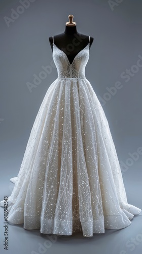 ultra-realistic female wedding dress, glitter floor length flounced A-line princess pageant prom gown. Plunging