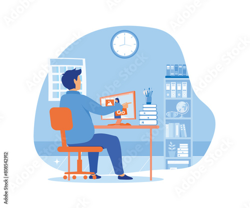 Online interview. Of a man talking to a young woman on a video call on his computer. flat vector modern illustration