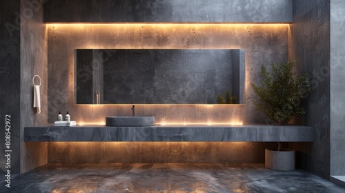 Realistic 3D image of a minimalist bathroom showcasing a floating concrete vanity, a frameless mirror, and strategic lighting for a modern look.