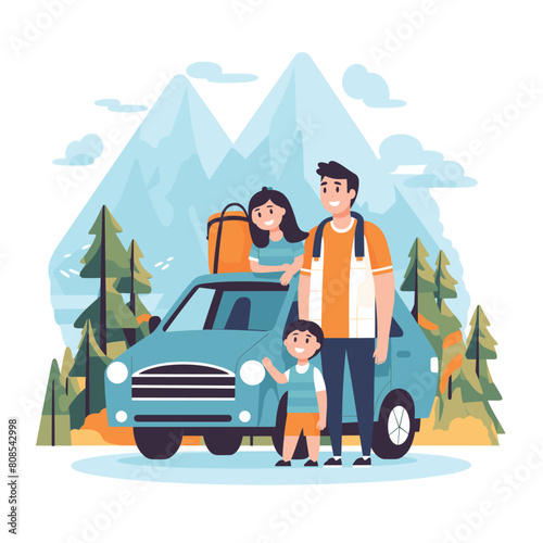 Family ready road trip near car mountains background. Cartoon dad, mom, children vehicle outdoor adventure travel. Happy parents kids standing car before mountain vacation journey