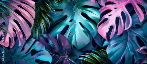 Adorable banner with monstera gloss leafs and  flowers. Illustration for background.