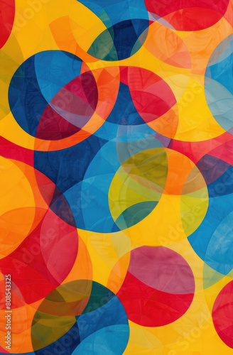 A kinetic pattern of overlapping circles and ellipses in vibrant primary colors  creating a playful and energetic atmosphere for children s areas or creative studios