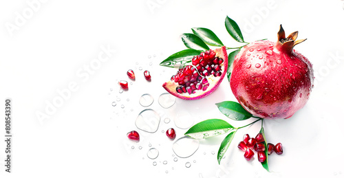 Fresh pomegranate with water drops and leaves isolated on a white background. Red sweet fruit photo