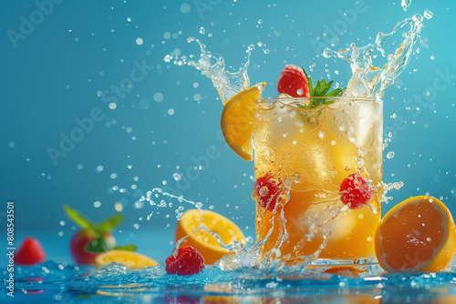 A glass of orange juice with a splash of water and a strawberry on top. The image has a playful and refreshing mood