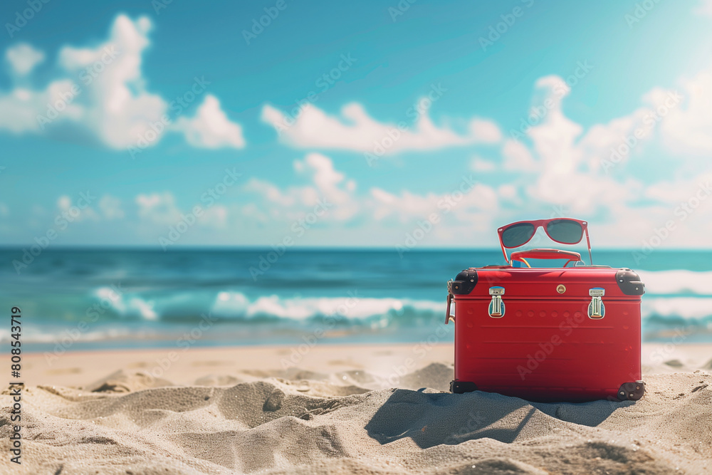 A red suitcase is on the beach. The scene is peaceful and relaxing, with the ocean in the background A red suitcase is on the beach. The scene is peaceful and relaxing, with the ocean in the background