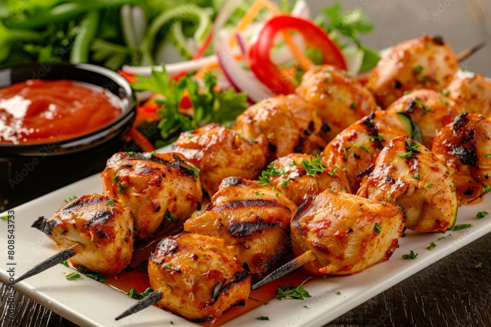 chicken kebab served with dipping sauce chicken kebab served with dipping sauce