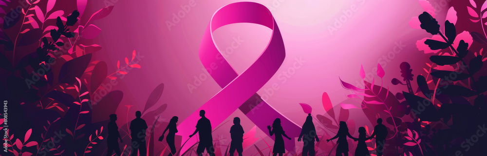 Breast cancer awareness campaign banner background with pink ribbon logo and people silhouette. Breast cancer awareness campaign banner background with pink ribbon logo and people silhouette.