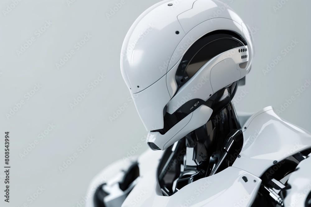 Closeup view of a white robot wearing a black helmet on a gray background Closeup view of a white robot wearing a black helmet on a gray background