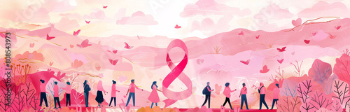 Breast cancer awareness campaign banner background with pink ribbon  logo and people silhouette.