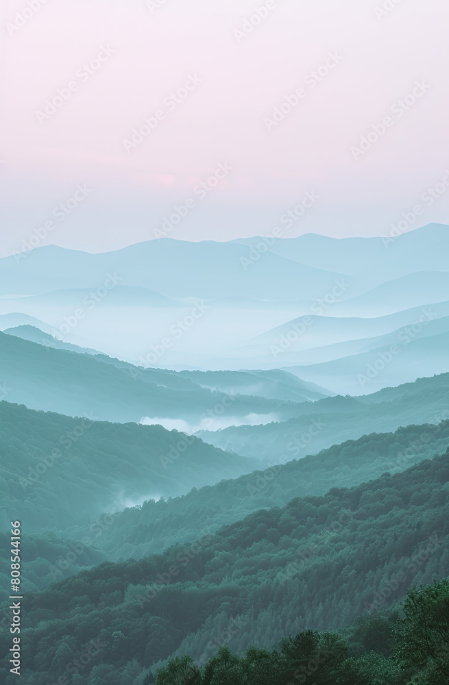 A serene landscape wallpaper with gentle hues of pastel pink and mint green, depicting a peaceful morning in a misty mountain valley, ideal for relaxation and digital detox themes