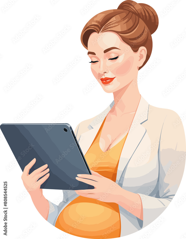 Beautiful pregnant woman working with tablet for the inclusion of pregnant women in the workplace, pregnancy discrimination, work life balance, working mom, single mom, mother day, business, modern Beautiful pregnant woman working with tablet for the inclusion of pregnant women in the workplace, pregnancy discrimination, work life balance, working mom, single mom, mother day, business, modern