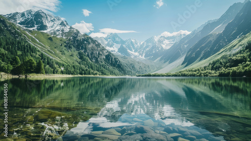 A tranquil mountain lake with crystal clear reflections and a panorama of snowcapped peaks, perfect for inspirational or travelrelated visuals