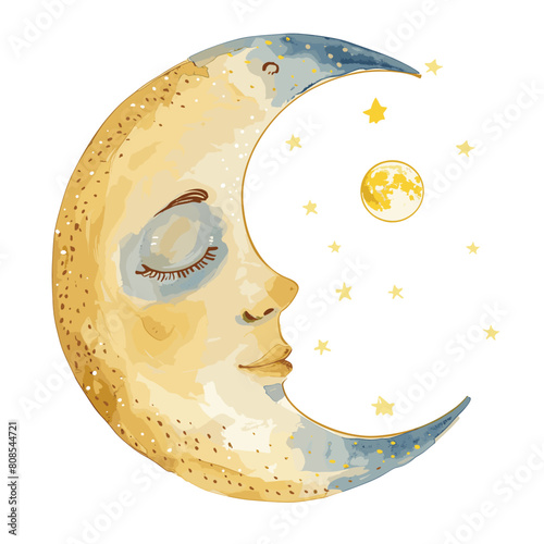 Crescent moon face stars sky serene illustration. Golden crescent moon sleeping face closed eye, stars, small full moon. Artistic human features, peaceful celestial body