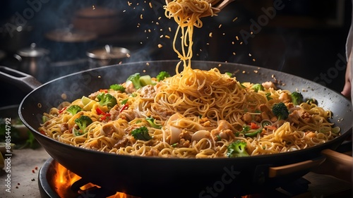 A wok full of sizzling noodles being tossed by a skilled chef-