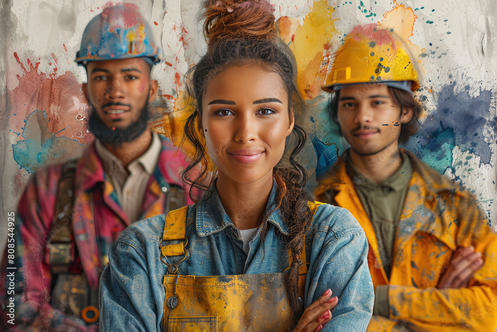 A young woman in workwear stands out as the central figure, surrounded by an array of male and female construction workers wearing hard hats.