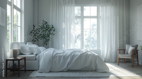 High-resolution 3D rendering of a serene bedroom with a monochromatic color palette, featuring simple furniture and diffused daylight.