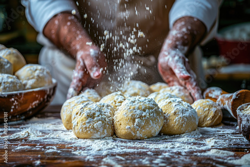 A closeup of hands in white gloves kneading dough on an old wooden table, surrounded by flour and utensils. Created with Ai