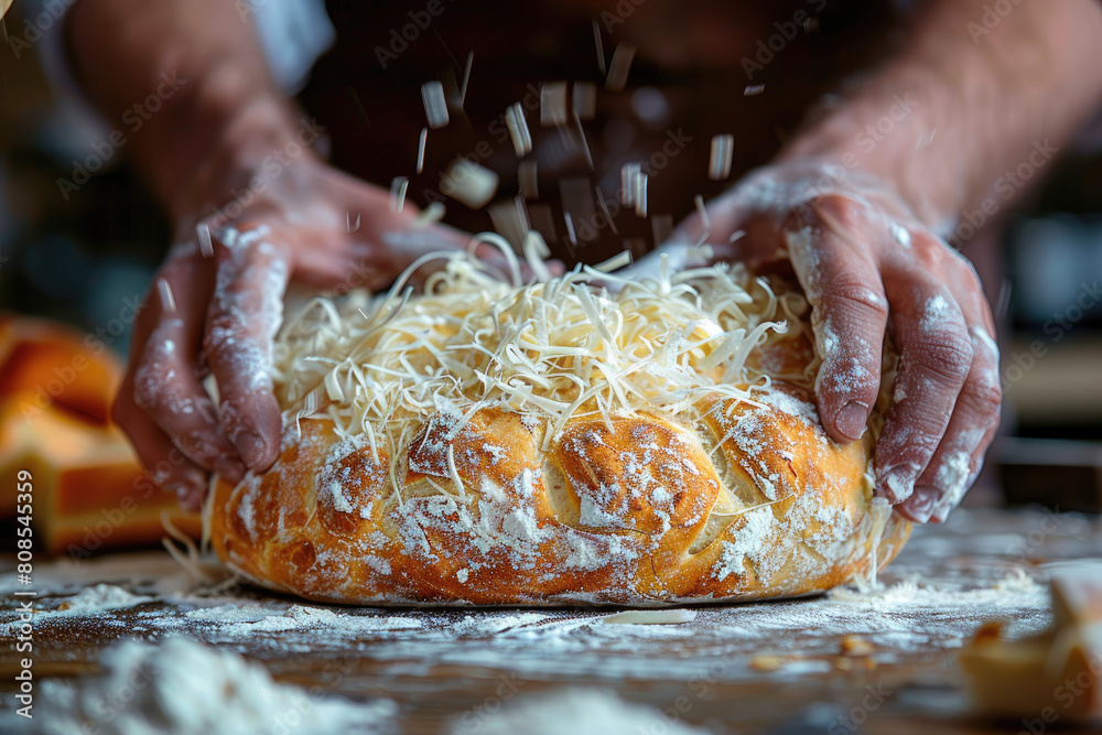 A closeup of hands in white gloves kneading dough on the table, with flour scattered around and an abstract shape being formed by hand holding. Created with Ai