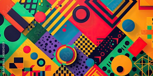 A vibrant  flat design featuring bold geometric shapes and patterns in shades of Crimson  Orange  Yellow  Green  Blue  Purple suitable for use as an album cover or poster background