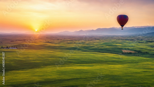 Joyful woman riding a hot air balloon over a scenic landscape colorful balloons floating gentle