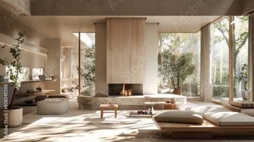High-resolution 3D rendering of a Scandinavian living room with a geometric fireplace  complemented by a muted color palette and natural daylight.