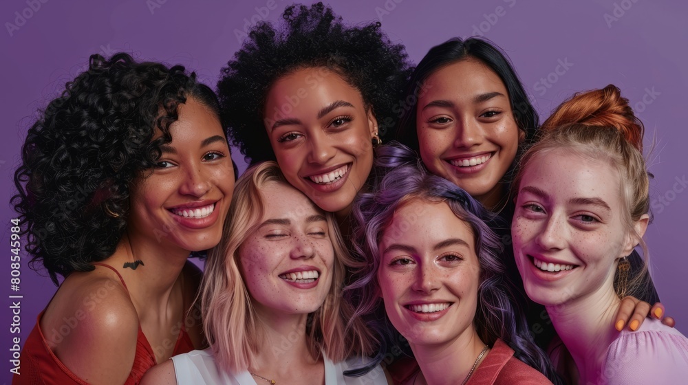 Obraz premium A group of diverse, multi-racial and multi-ethnic female colleagues smiling for Women's Equality Day photo shoot, International Women's Day photo shoot